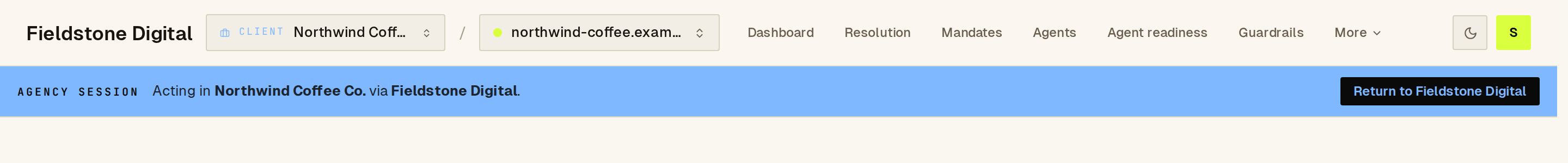 Blue agency session bar: Acting in Northwind Coffee Co. via Fieldstone Digital, with a Return button