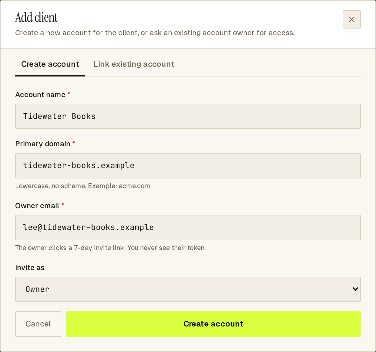 Add client dialog on the Create account tab with account name, primary domain and owner email filled in