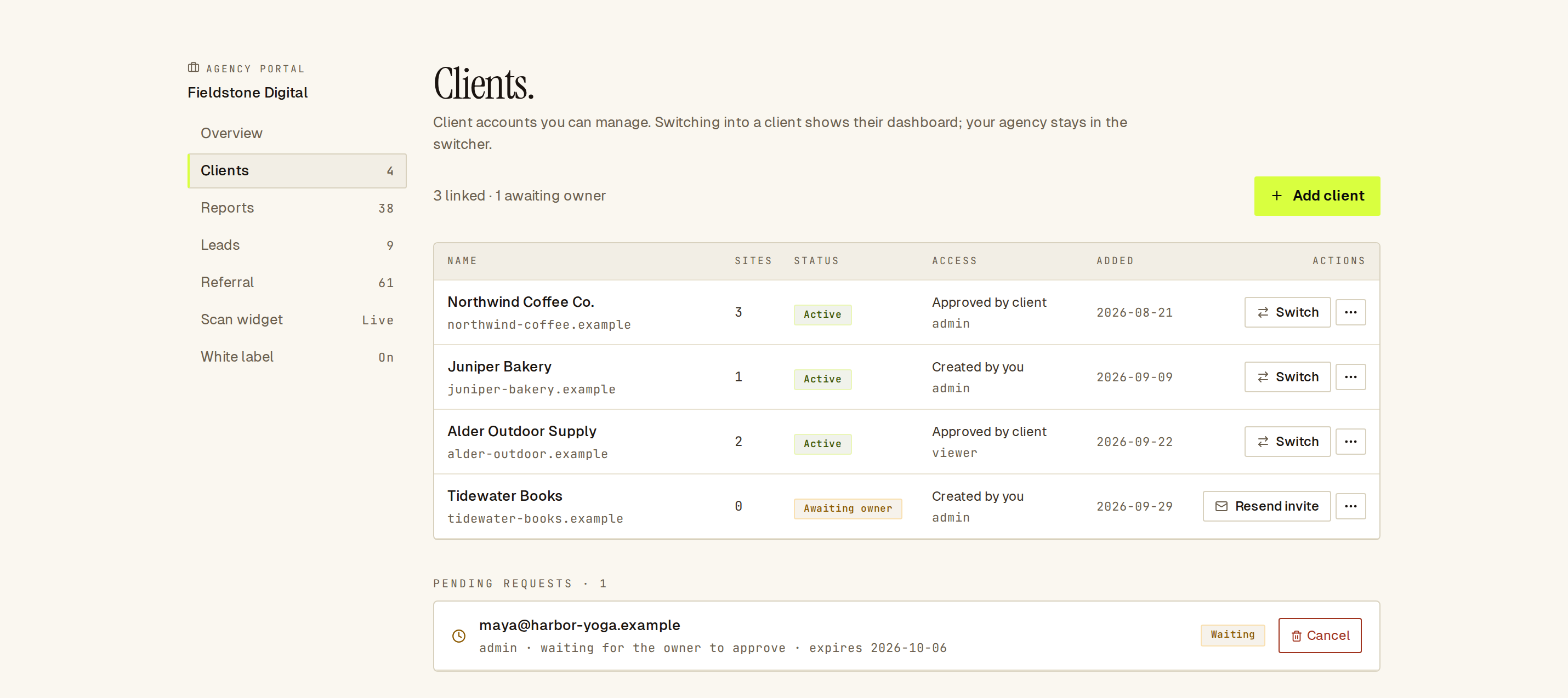 Clients list with three active clients, one awaiting owner, and one pending access request