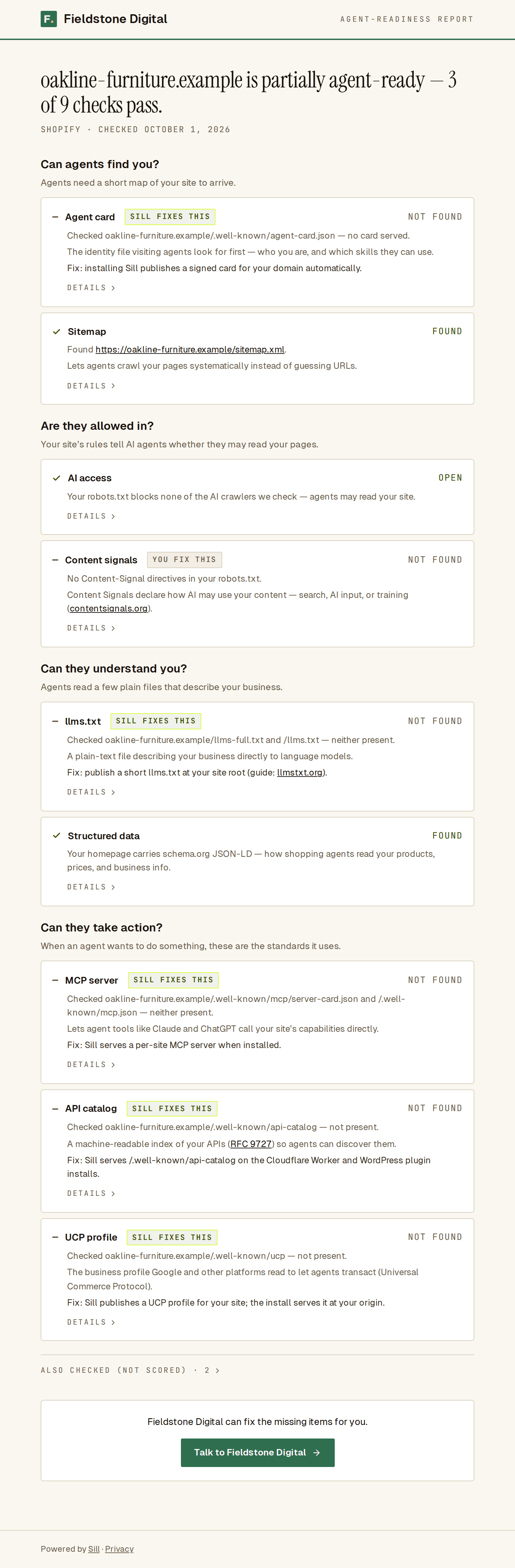 Hosted readiness report for oakline-furniture.example with the Fieldstone Digital header and a Talk to Fieldstone Digital button