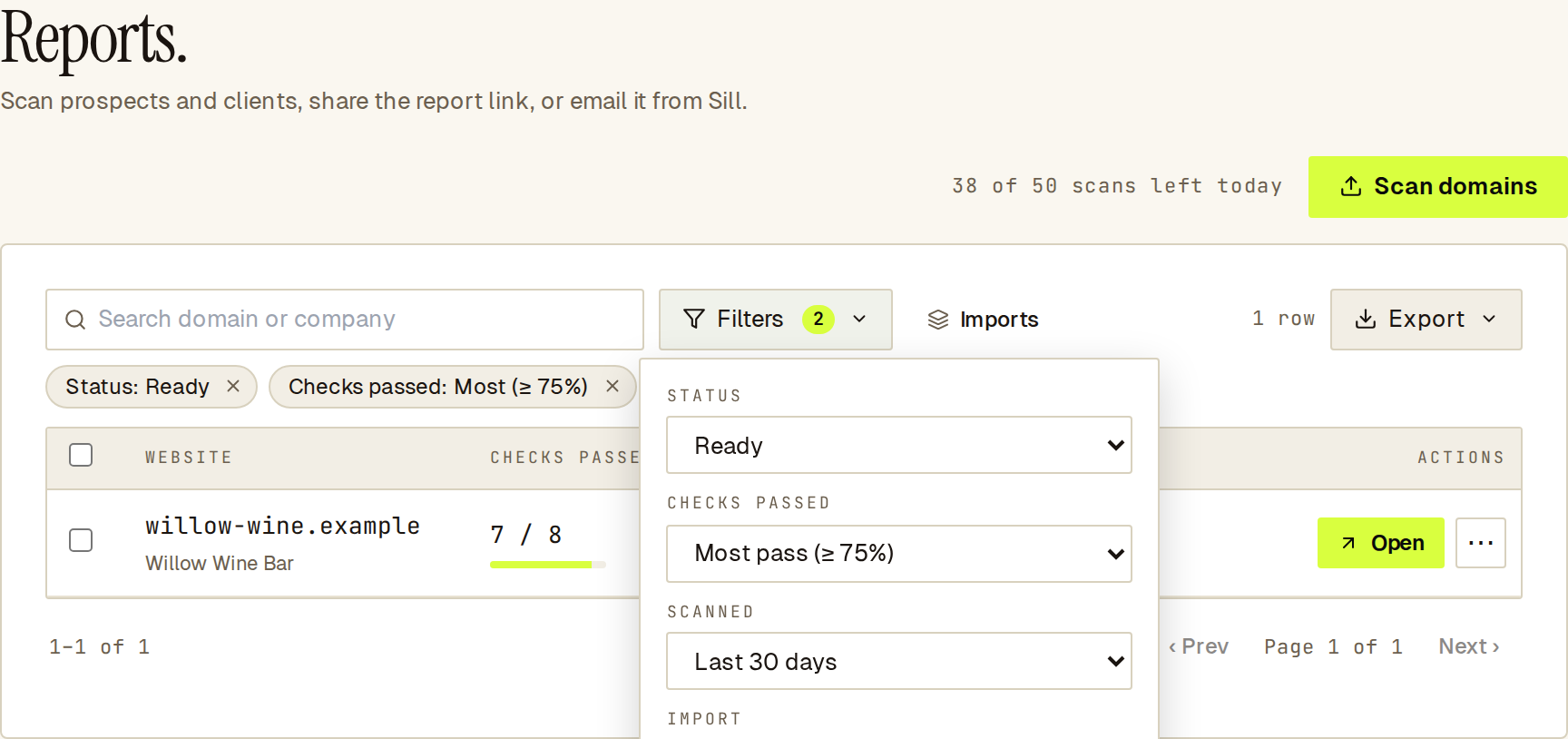 Filters menu open with Status set to Ready and Checks passed set to Most pass, shown as two filter chips