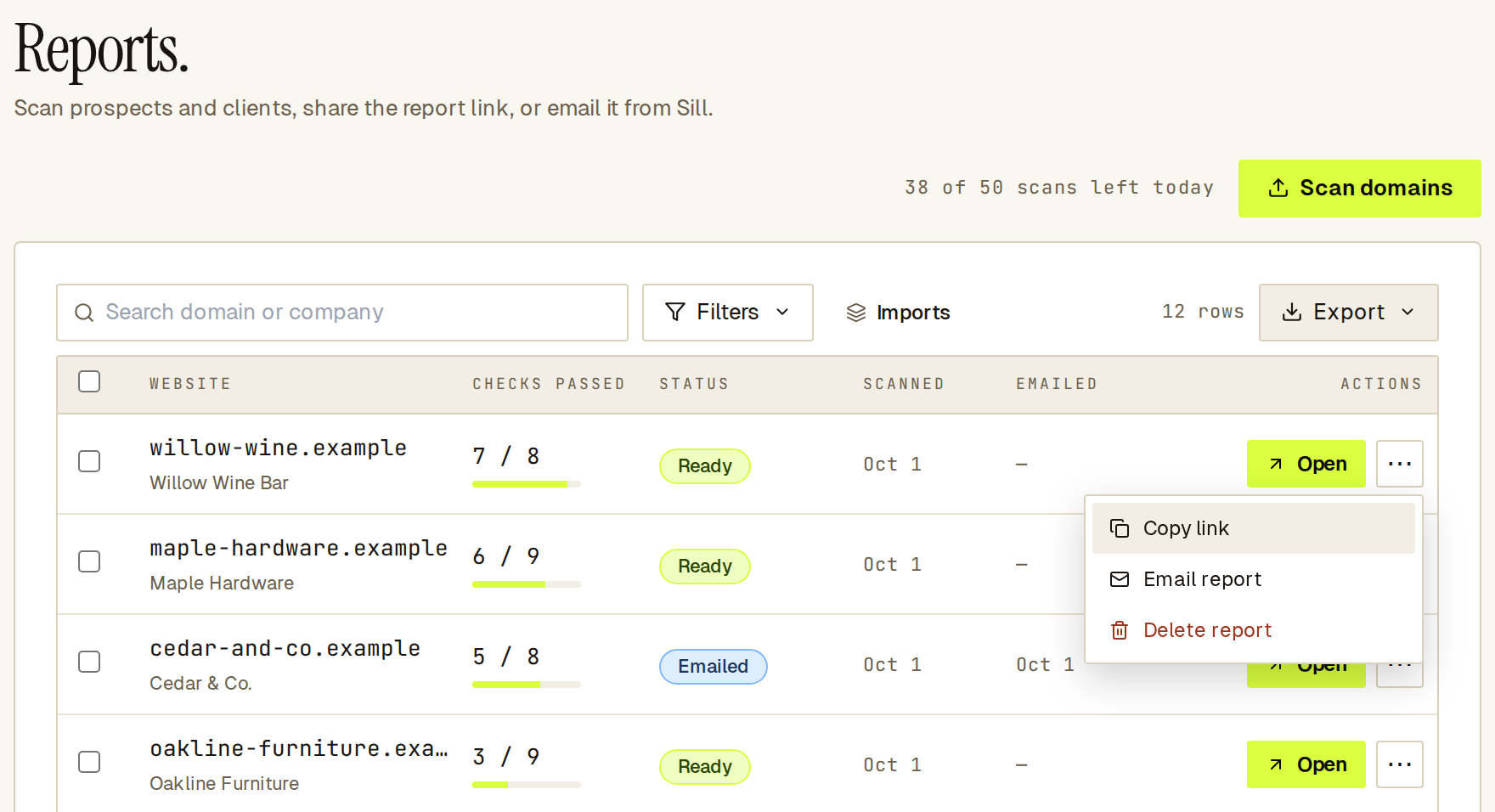 Row menu open on a ready report with Copy link, Email report and Delete report