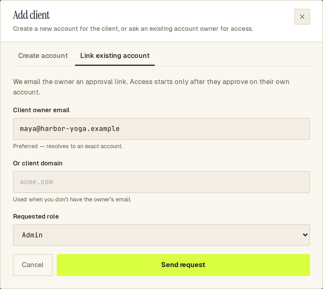 Link existing account tab with the client owner's email and the Admin role selected