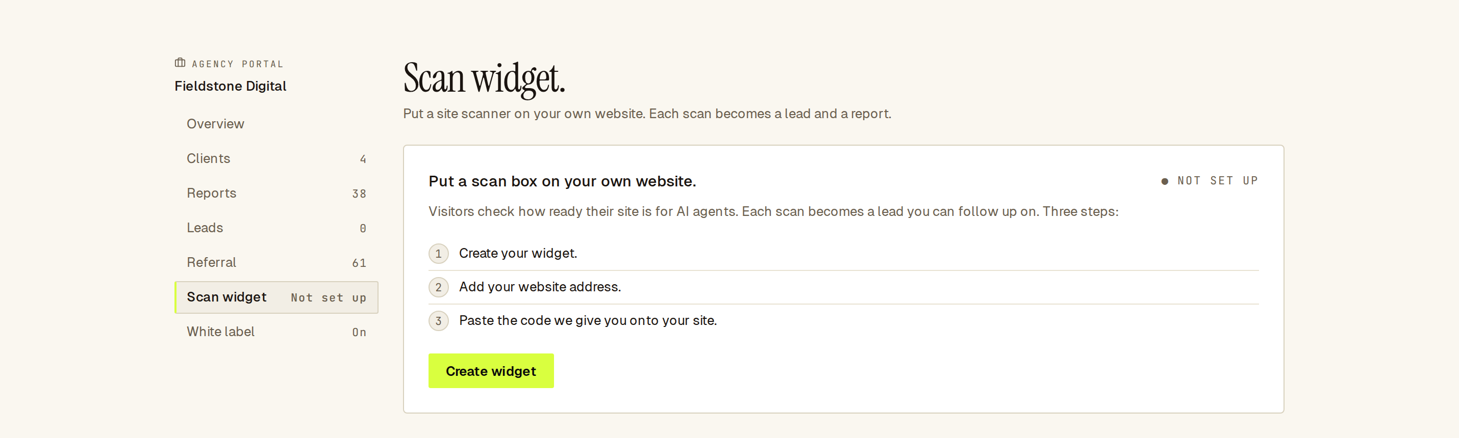 Scan widget page before setup, with the three steps and a Create widget button