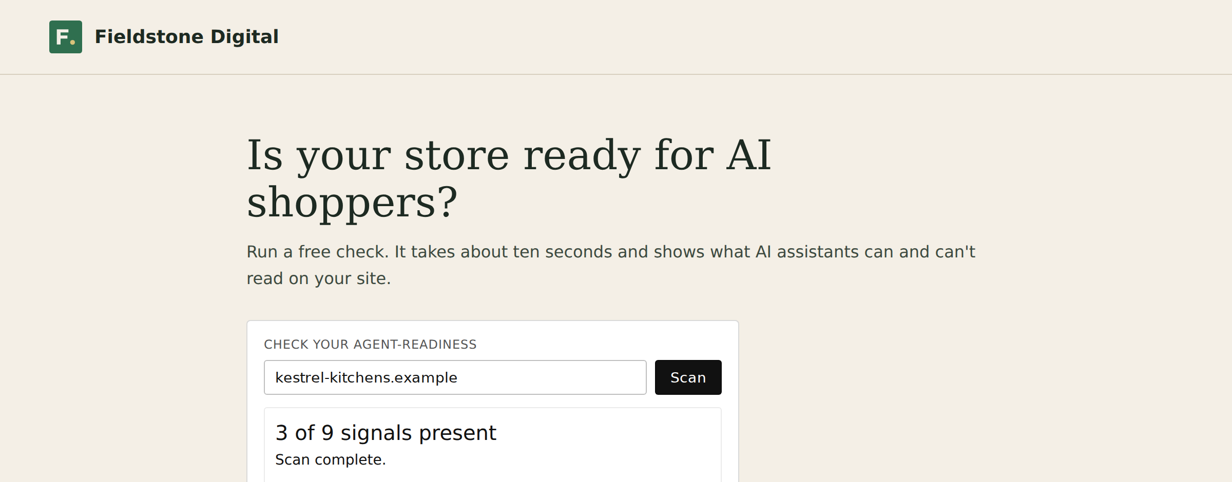 Fictional agency homepage with the scan widget showing 3 of 9 signals present and a link to the full report