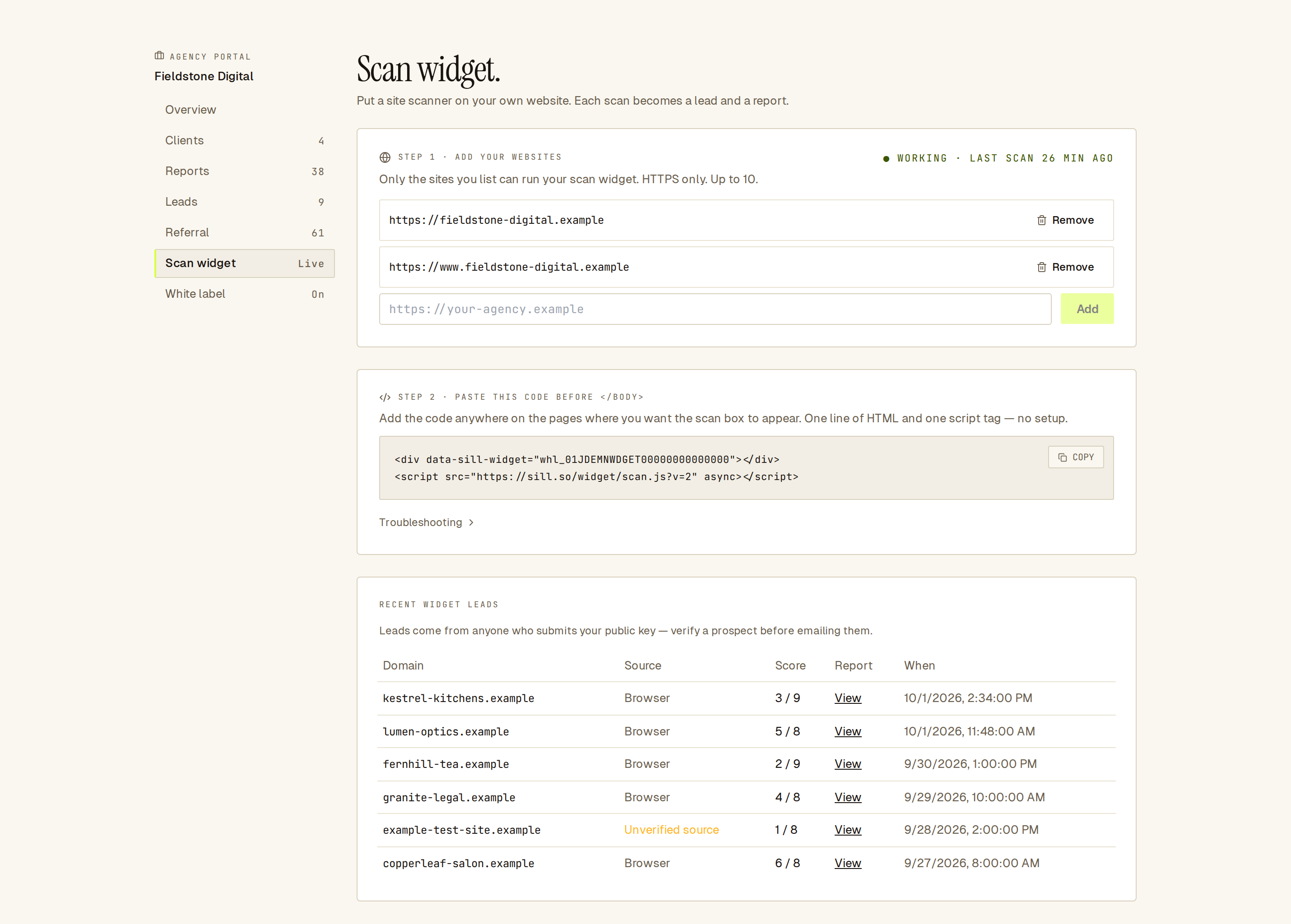 Scan widget page in the working state with two websites, the snippet and recent widget leads