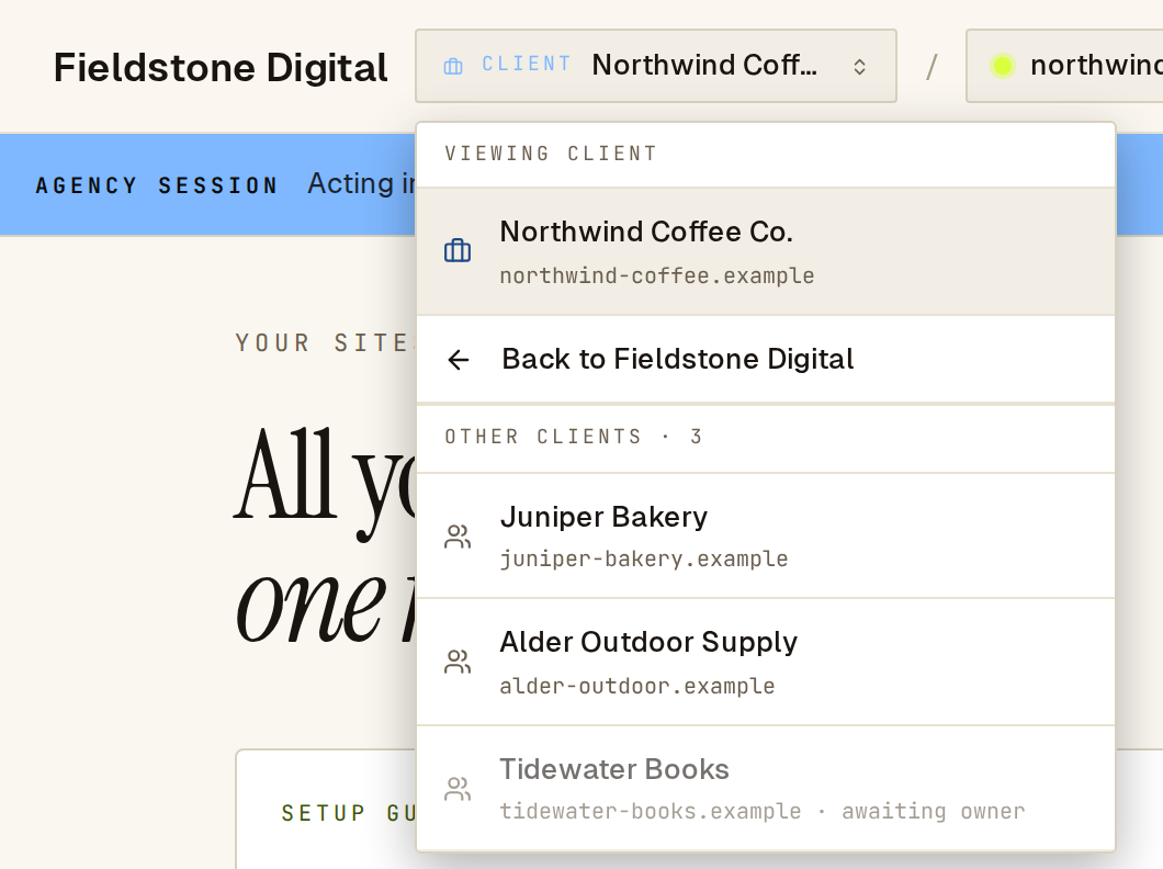 Account switcher inside a client, with Back to Fieldstone Digital and the other clients