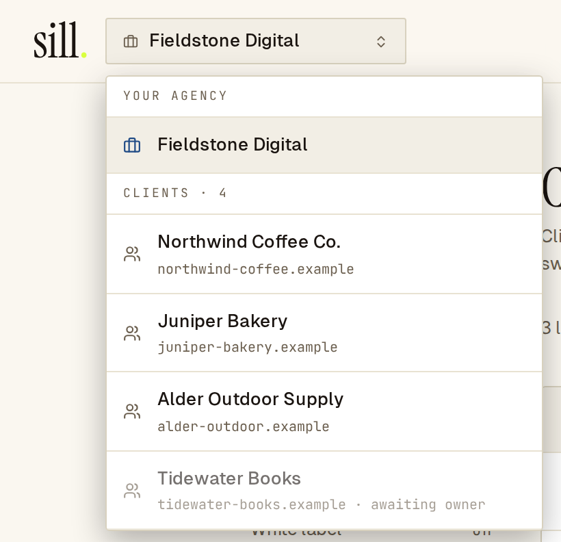 Account switcher open on the agency, listing three clients and one awaiting owner
