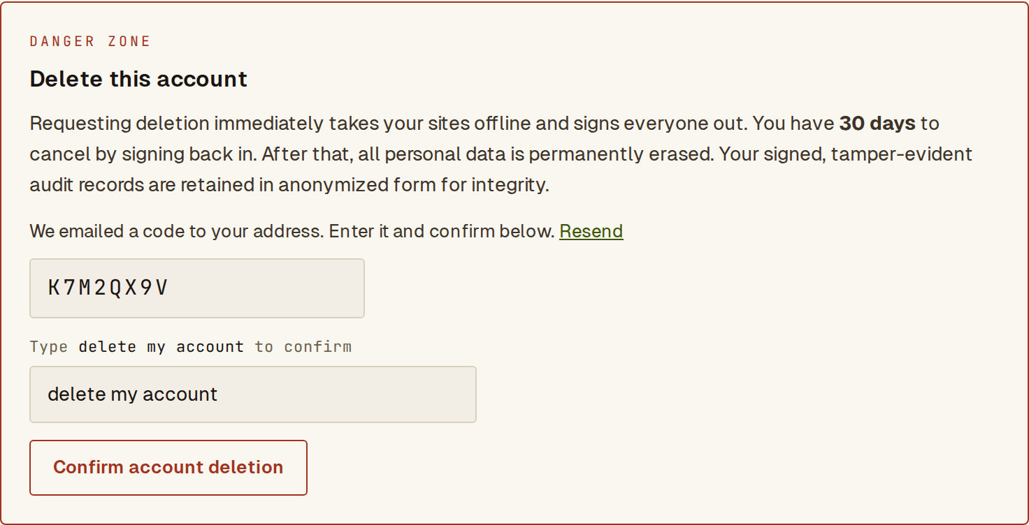 Danger tab with the emailed code entered, the confirmation phrase typed, and the Confirm account deletion button.