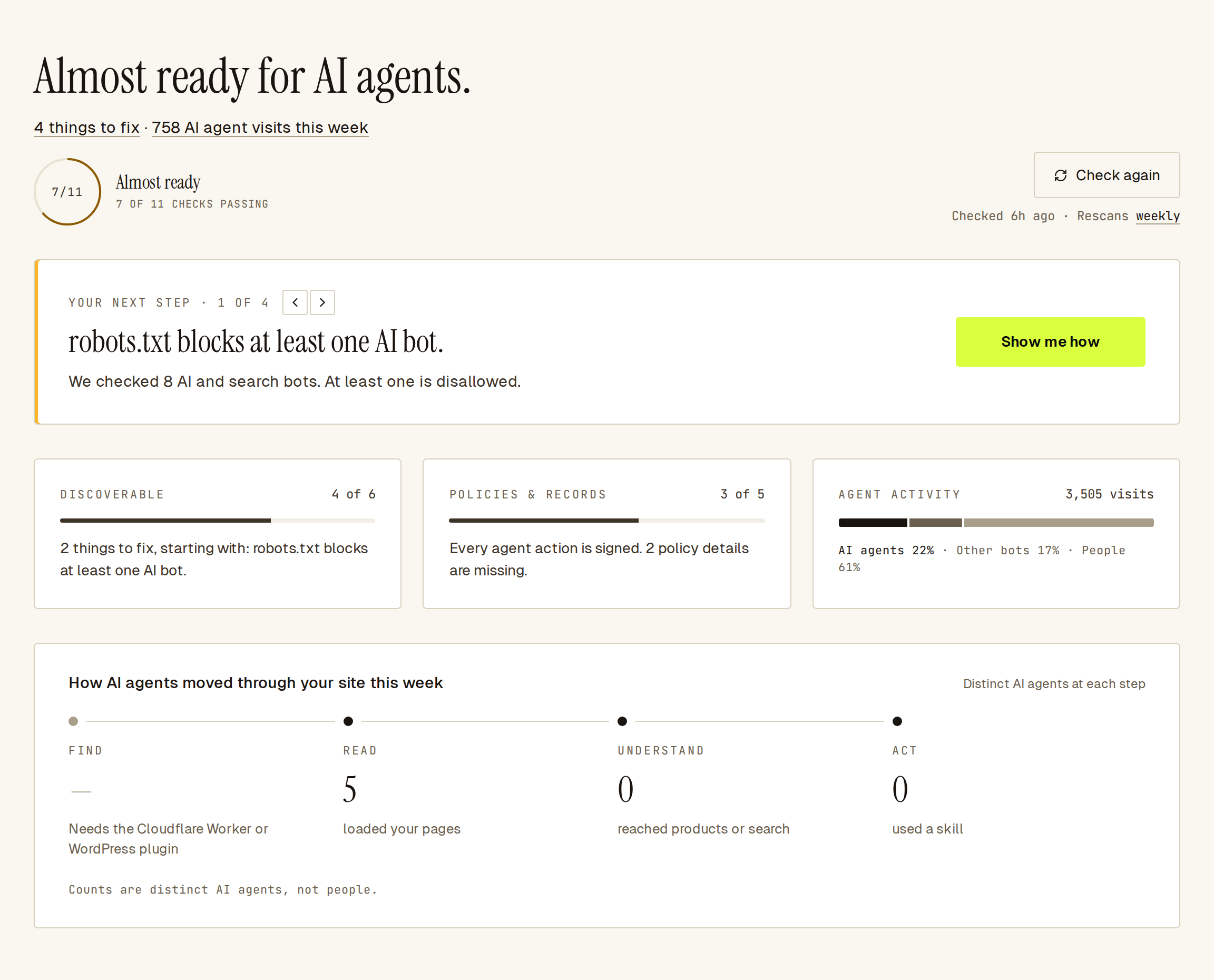 Agent readiness: overall verdict, the next step to fix, three goals and how agents moved through the site.