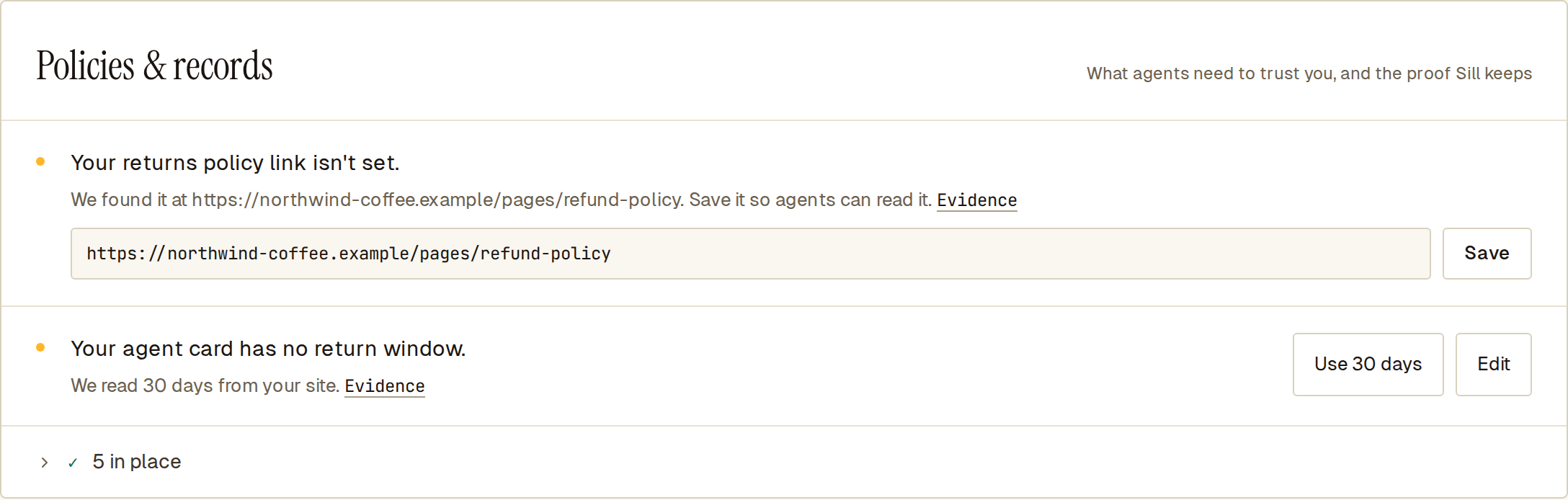 Policies & records card: returns link prefilled with a Save button, and a Use 30 days button for the return window.
