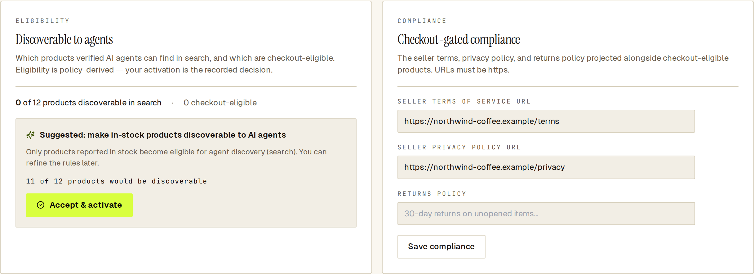 Discoverable to agents card suggesting in-stock products (11 of 12), beside compliance with the returns policy empty.