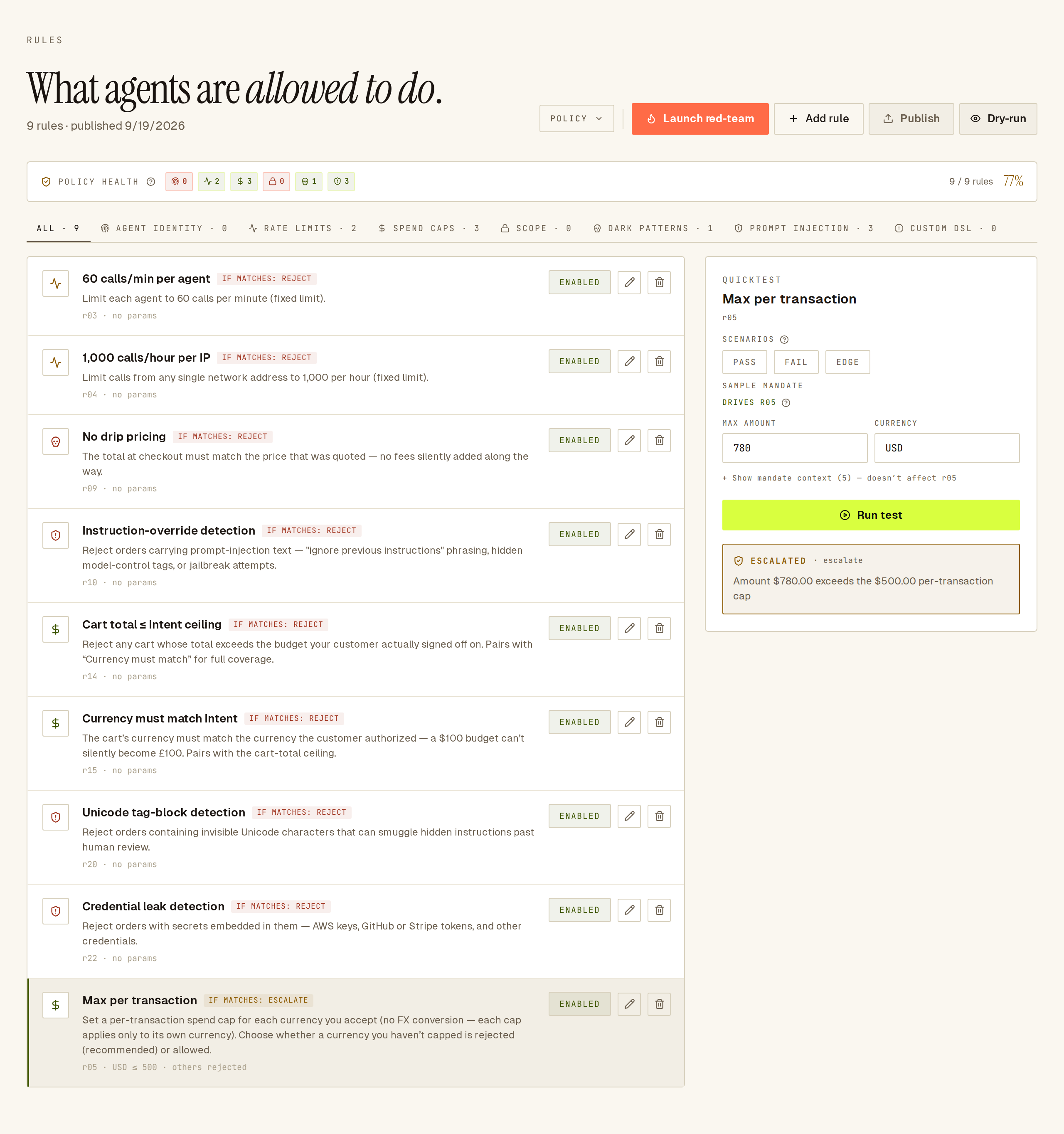 Rules with the rules list on the left and QuickTest on the right, showing a $780 test order sent for review.