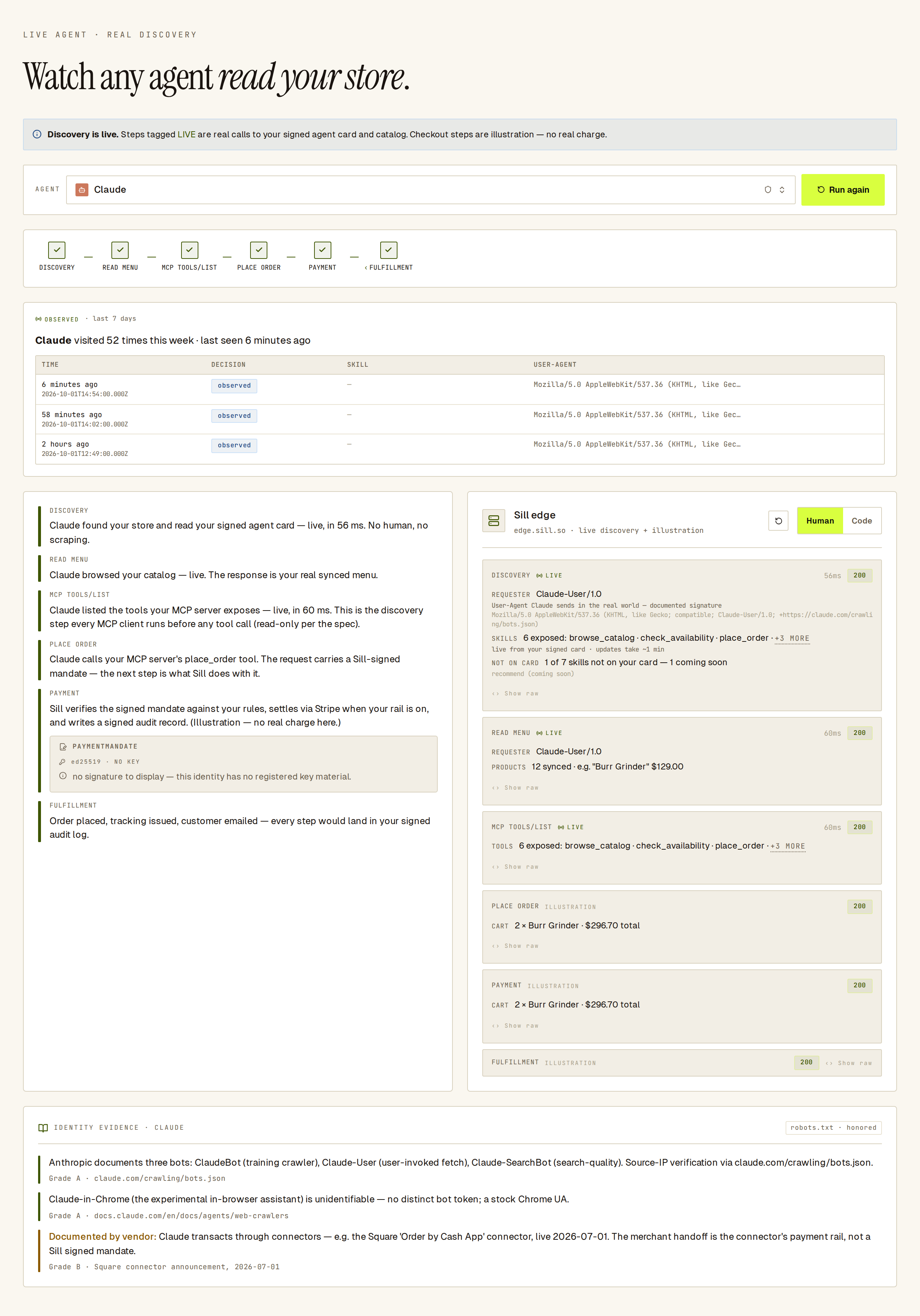 Live Agent run: real discovery calls tagged LIVE, checkout steps tagged ILLUSTRATION.