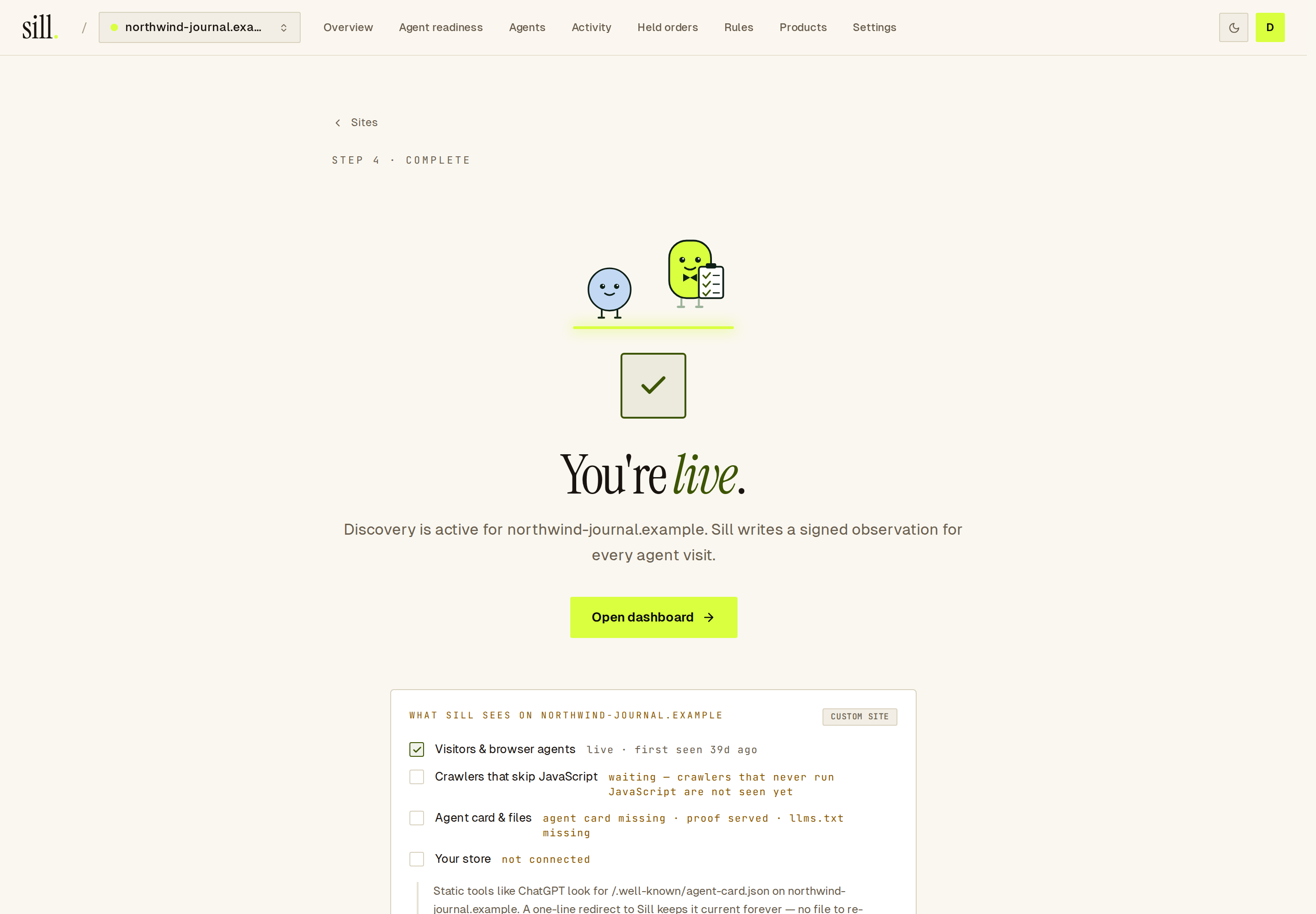 Complete step: You're live, and a coverage check with browser visitors live and the agent card still missing.