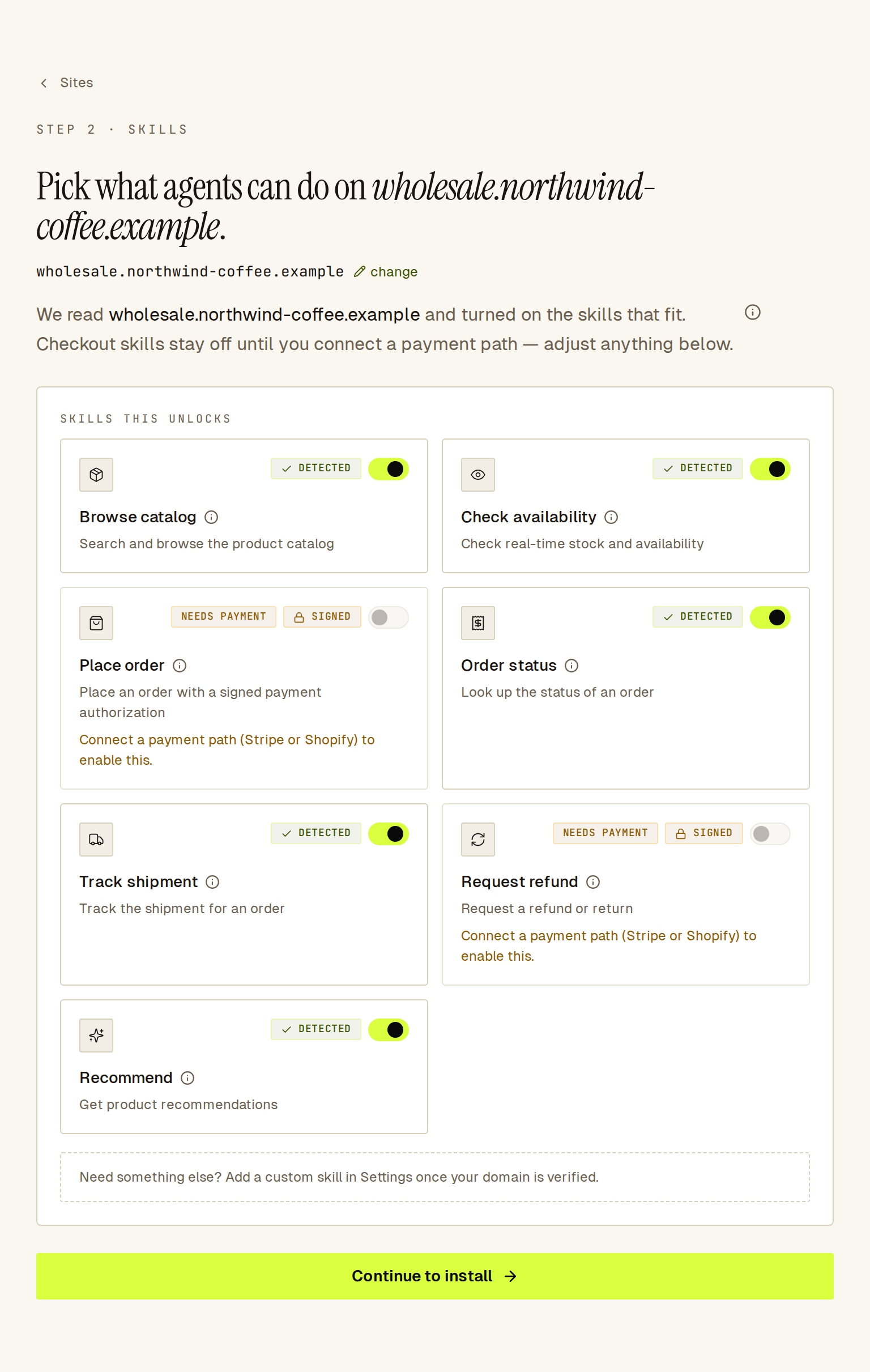 Skills step: five read skills on as detected; Place order and Request refund need payment.