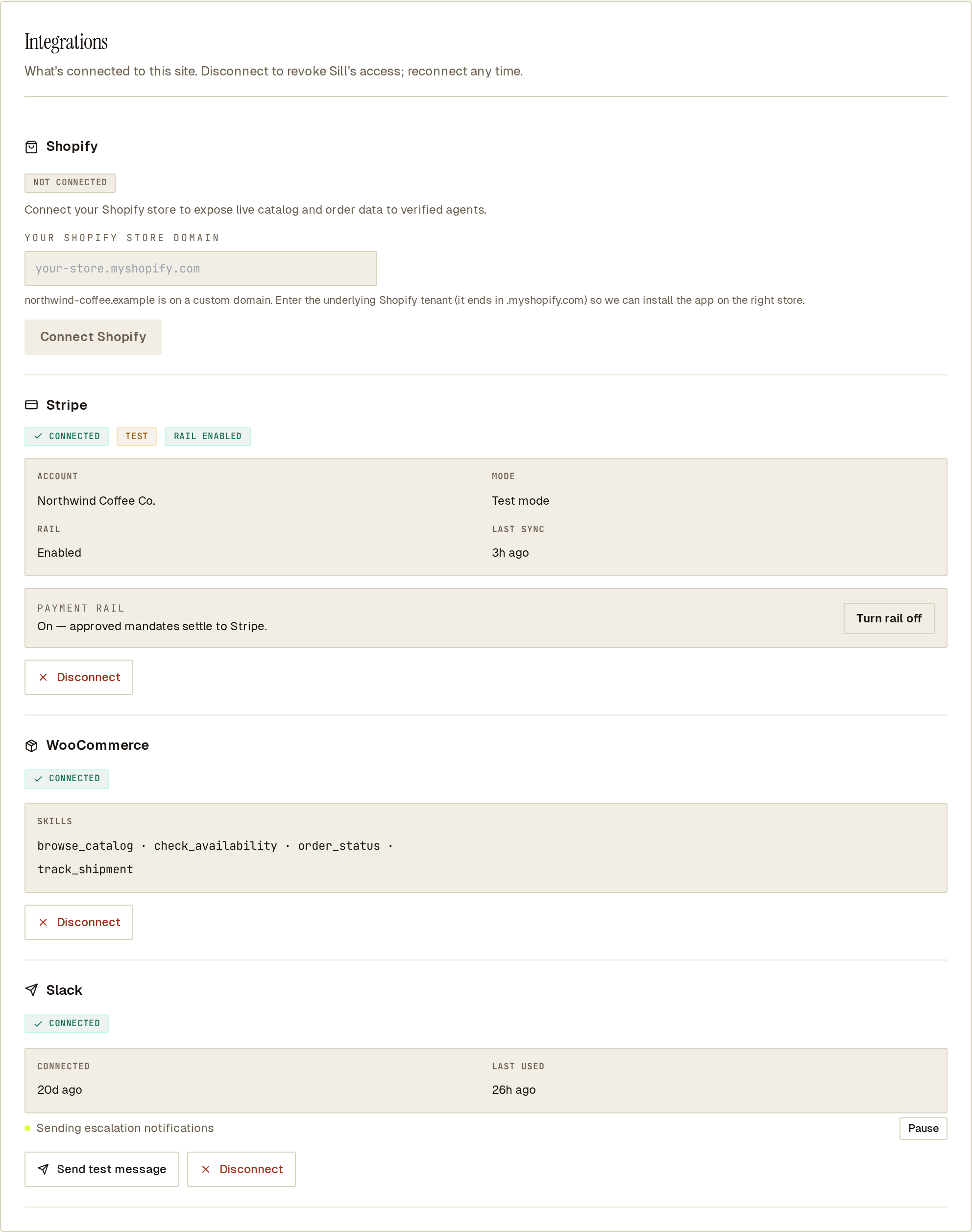 Integrations settings with WooCommerce and Slack connected and Stripe connected in test mode with the rail enabled.