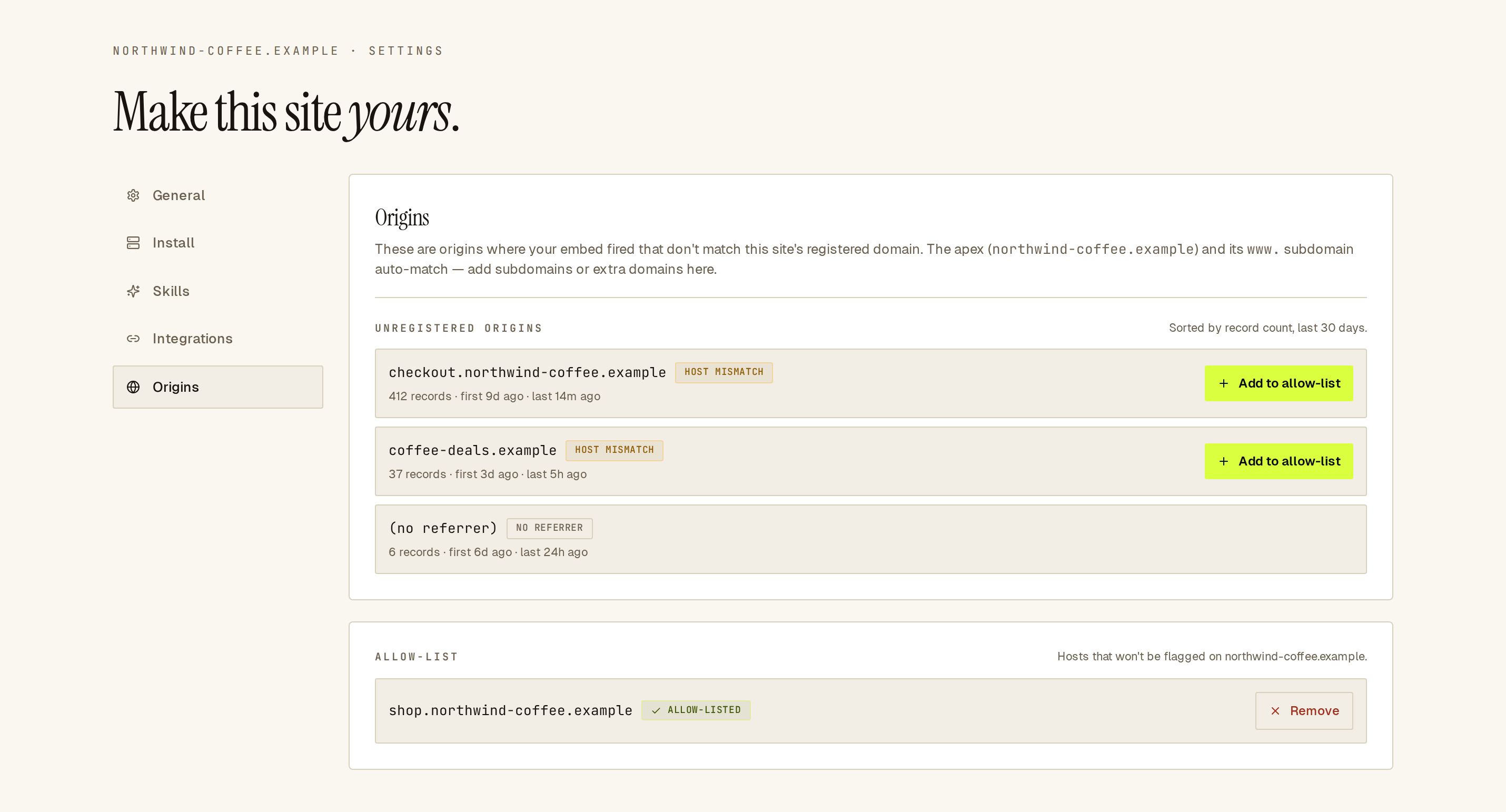 Origins tab: a checkout subdomain and an unknown host flagged with Add to allow-list, and one allow-listed shop subdomain.