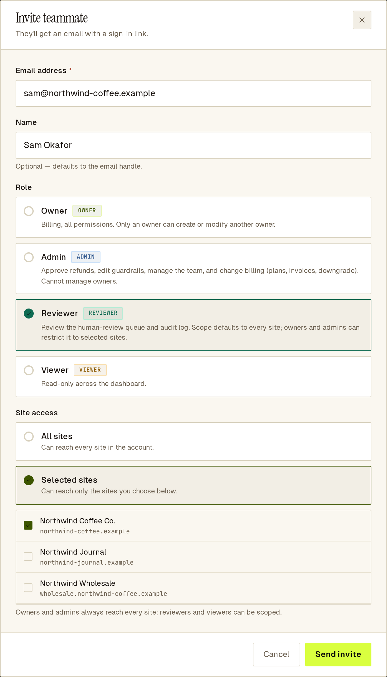 Invite form giving a reviewer access to one selected site.
