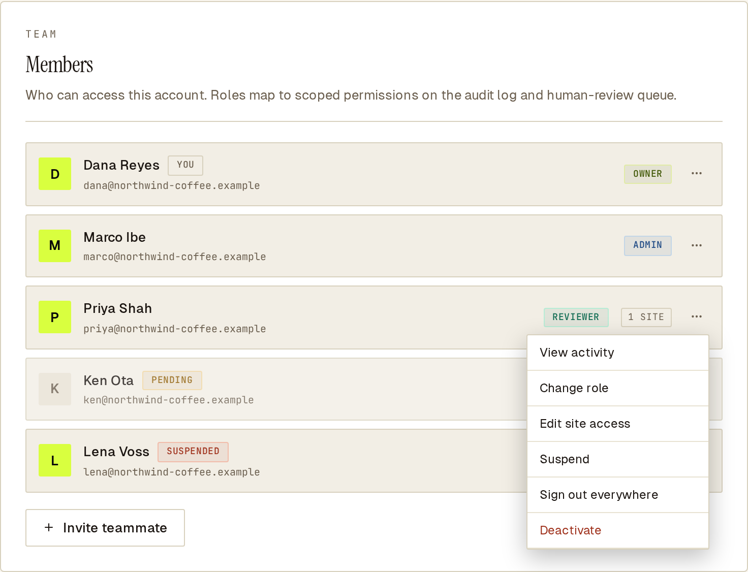 Team settings listing members with roles and statuses, with the actions menu open for one member.