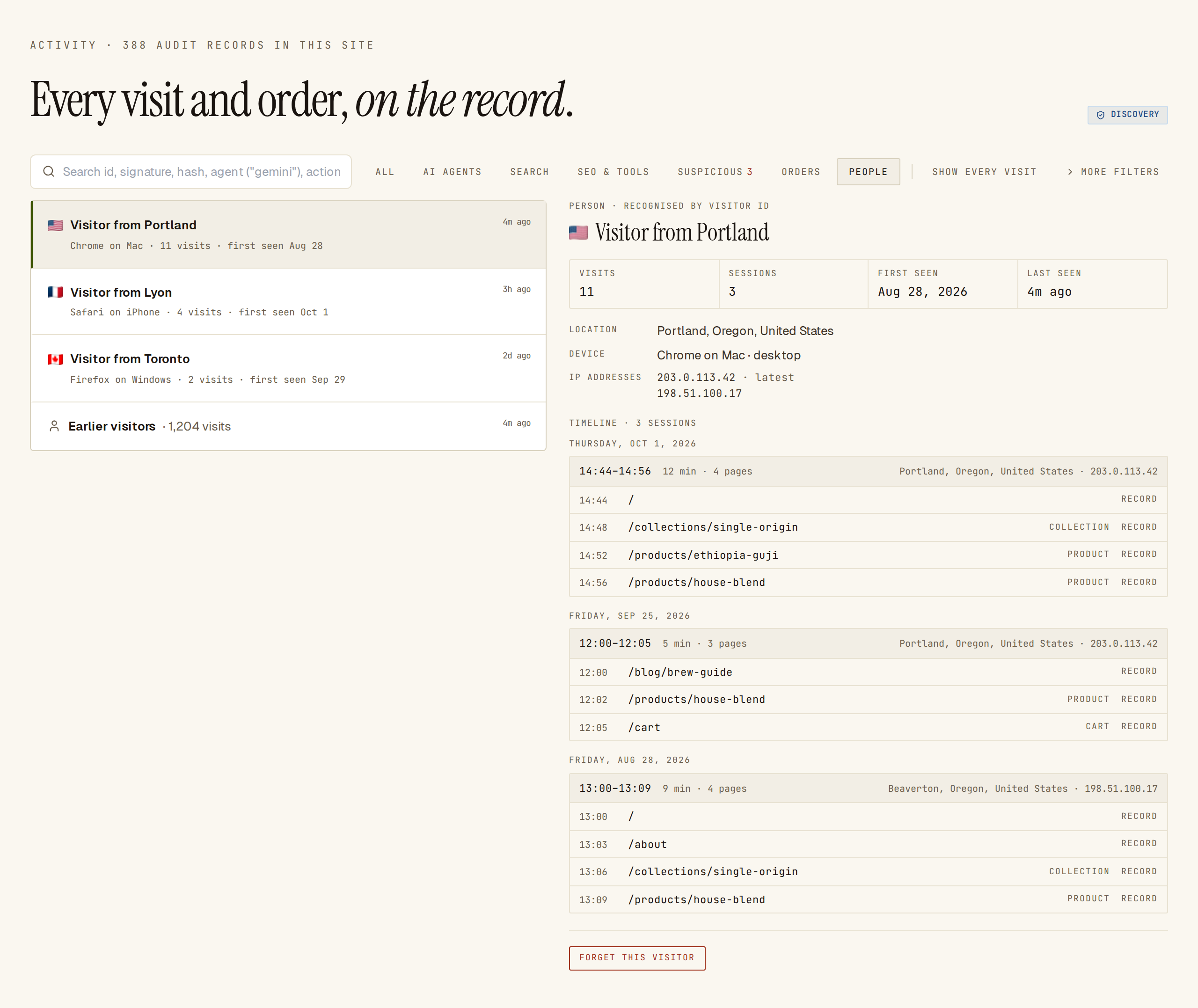 People filter: three recognised visitors and Earlier visitors, with the timeline of Visitor from Portland across three days