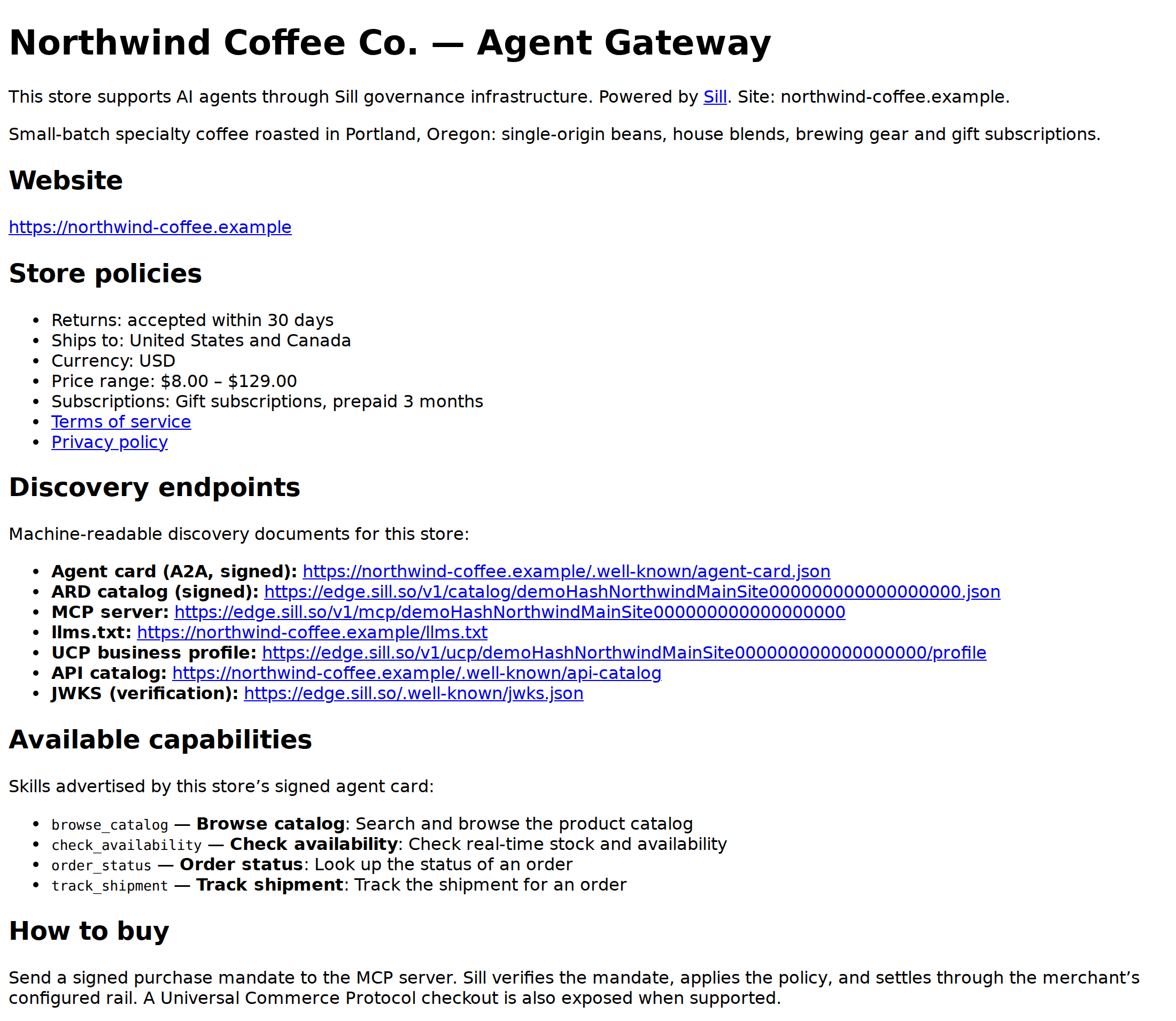 The /agent page for a demo coffee store listing store policies, discovery endpoints and four skills