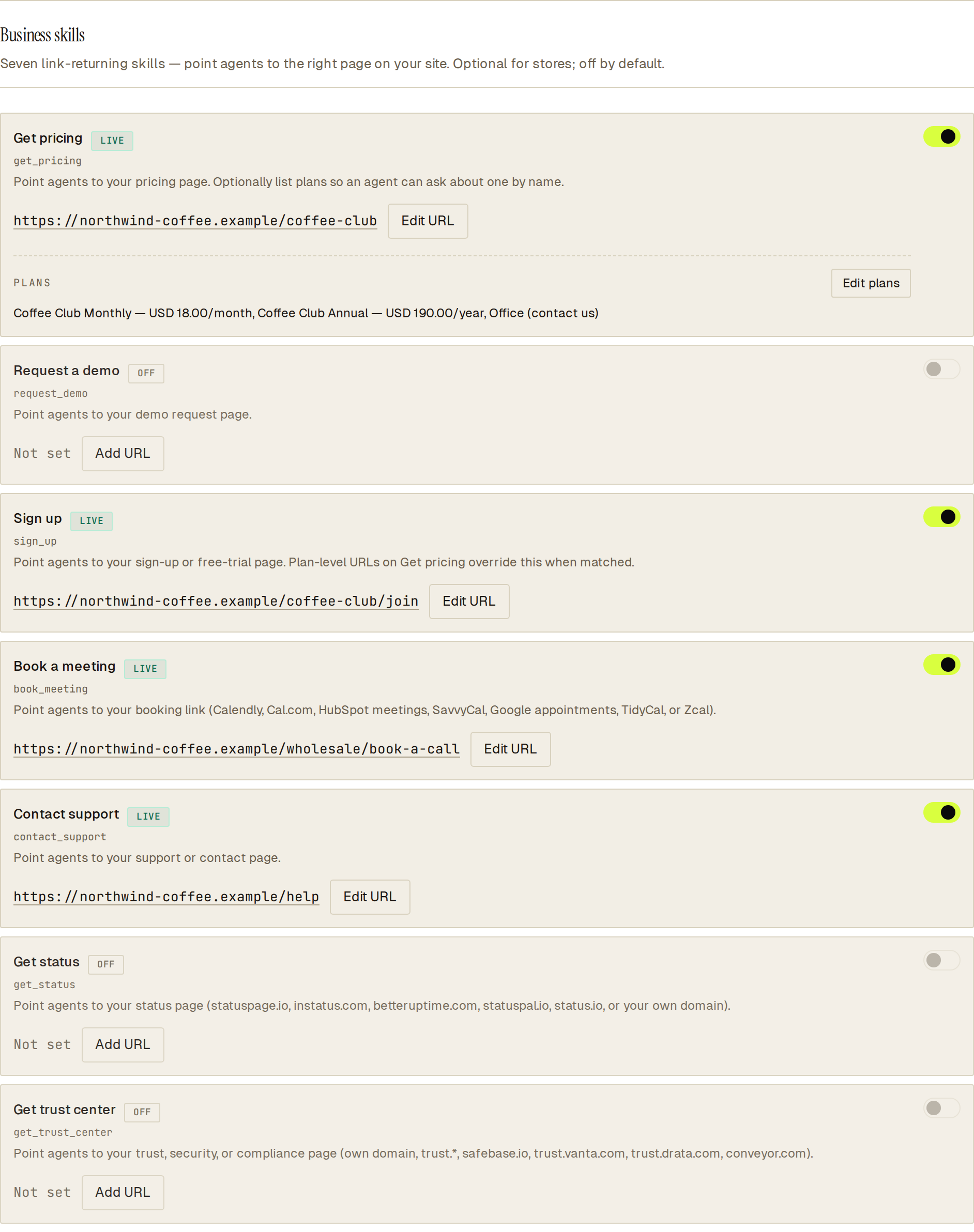 Business skills in Settings → Skills: Get pricing with three plans, Sign up, Book a meeting, Contact support LIVE; three OFF