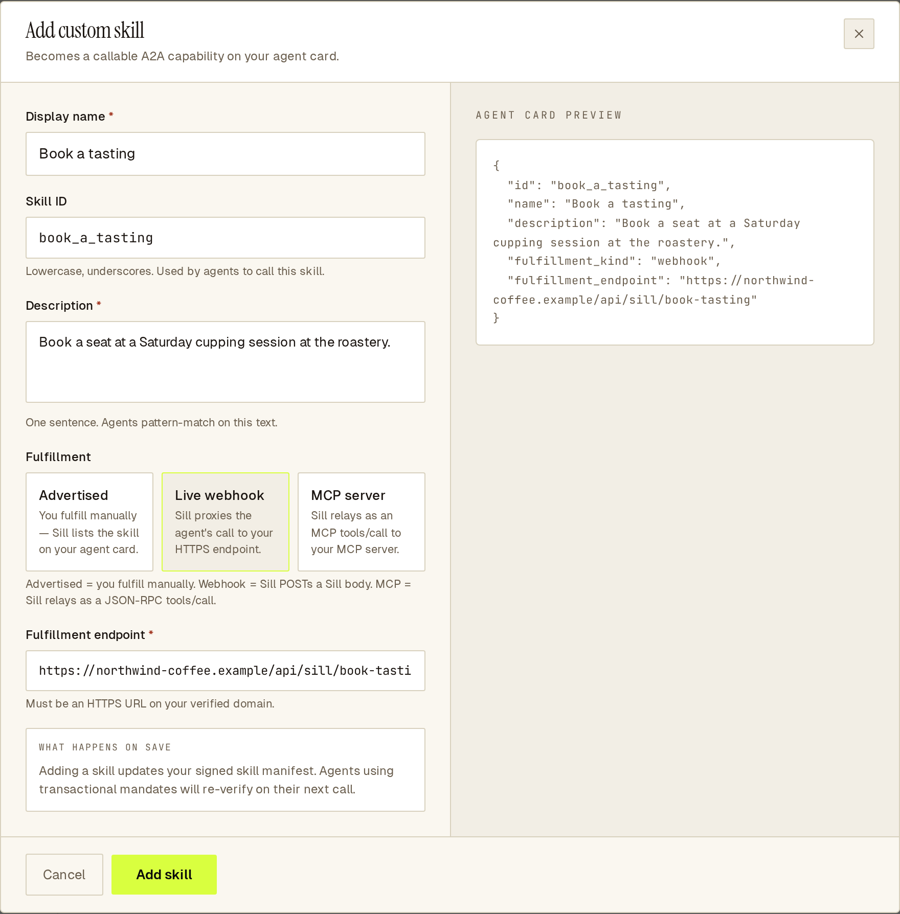 Add custom skill dialog: Book a tasting, set to Live webhook on the store's own domain, with the agent card preview