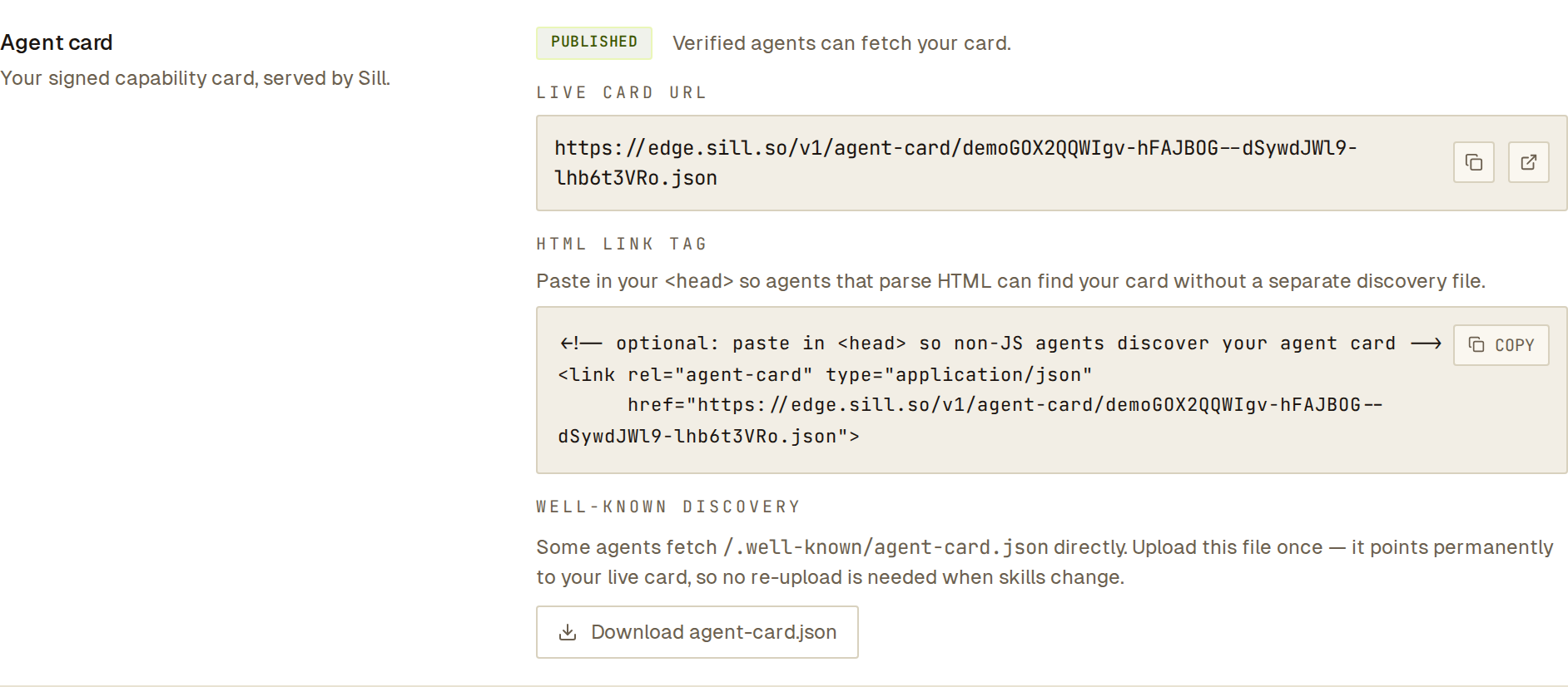Agent card row showing PUBLISHED, the live card URL and the HTML link tag to copy