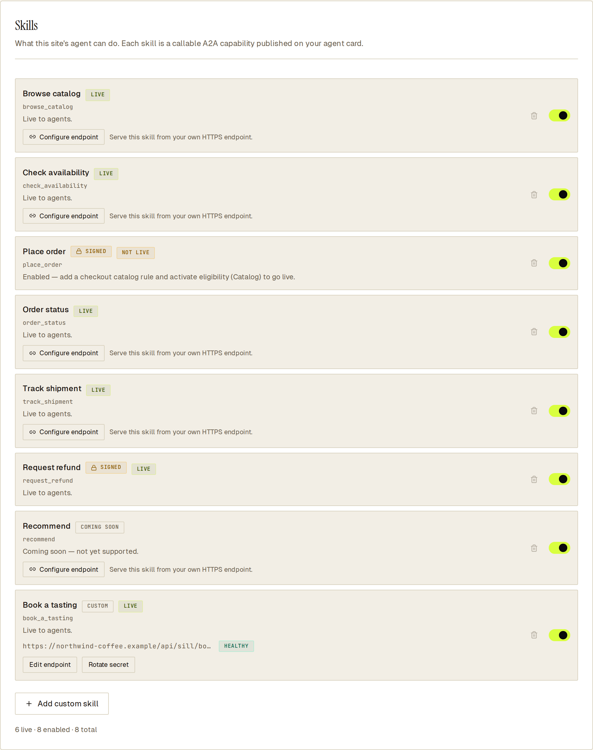 Skills tab: four default skills live, Place order and Request refund not live with fix hints, and a healthy custom skill