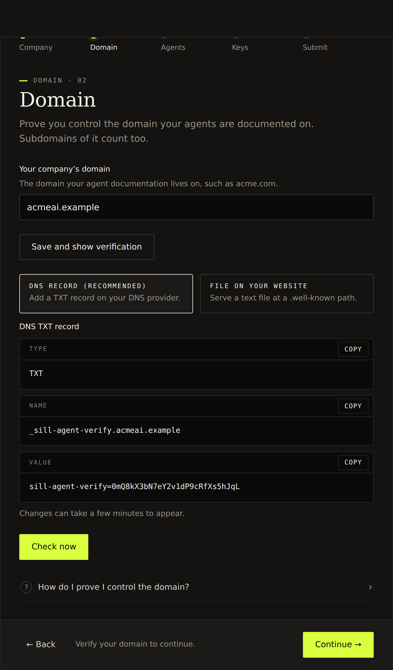 Domain verification step showing DNS TXT record: Name _sill-agent-verify.acmeai.example, Value sill-agent-verify=…, and a Check now button