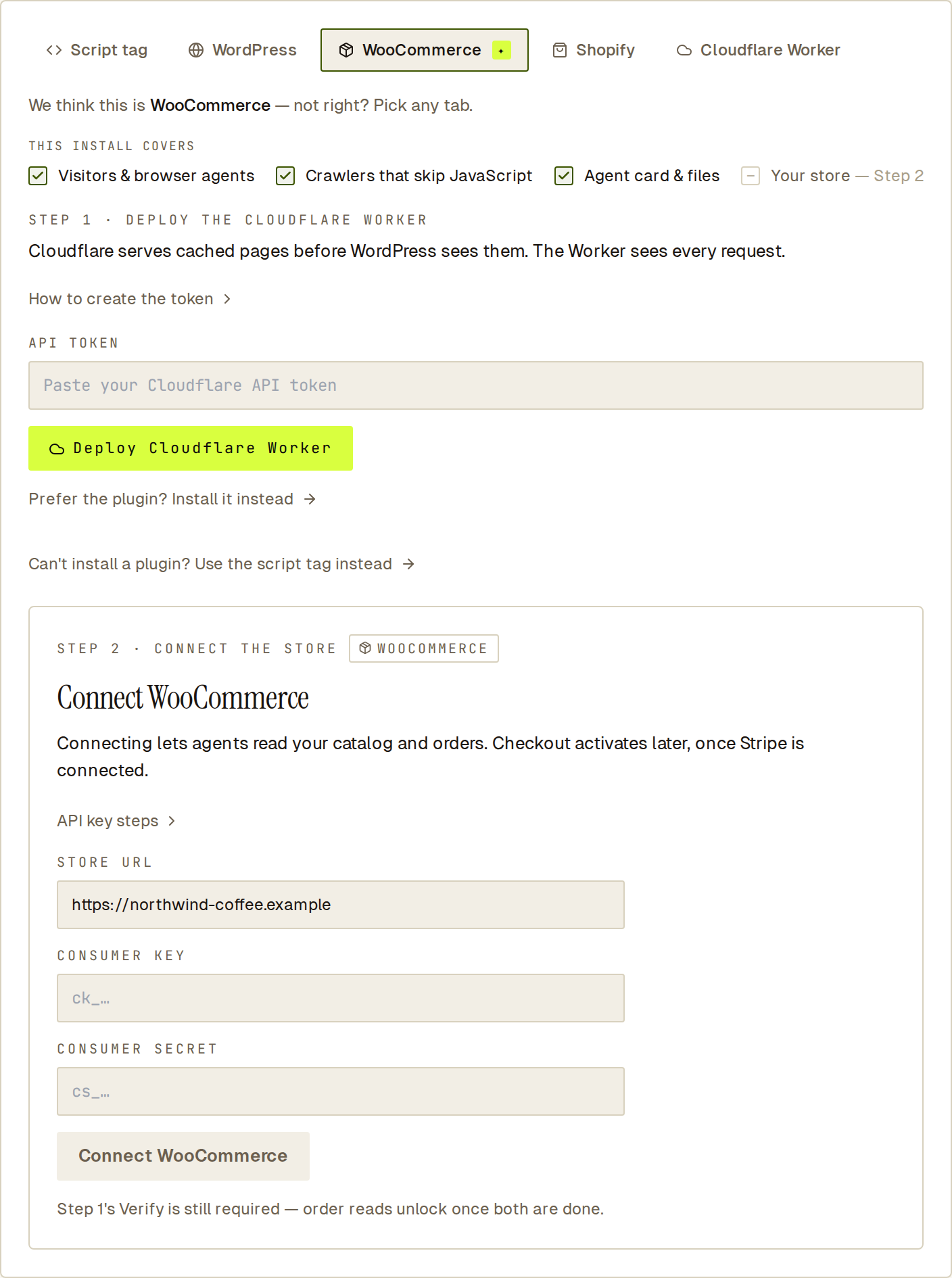 Install step with the WooCommerce tab recommended, its coverage checklist, and Cloudflare Worker and store-connect steps.