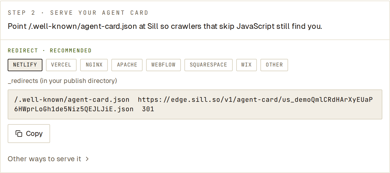 Serve your agent card step with Netlify selected and a one-line redirect rule ready to copy