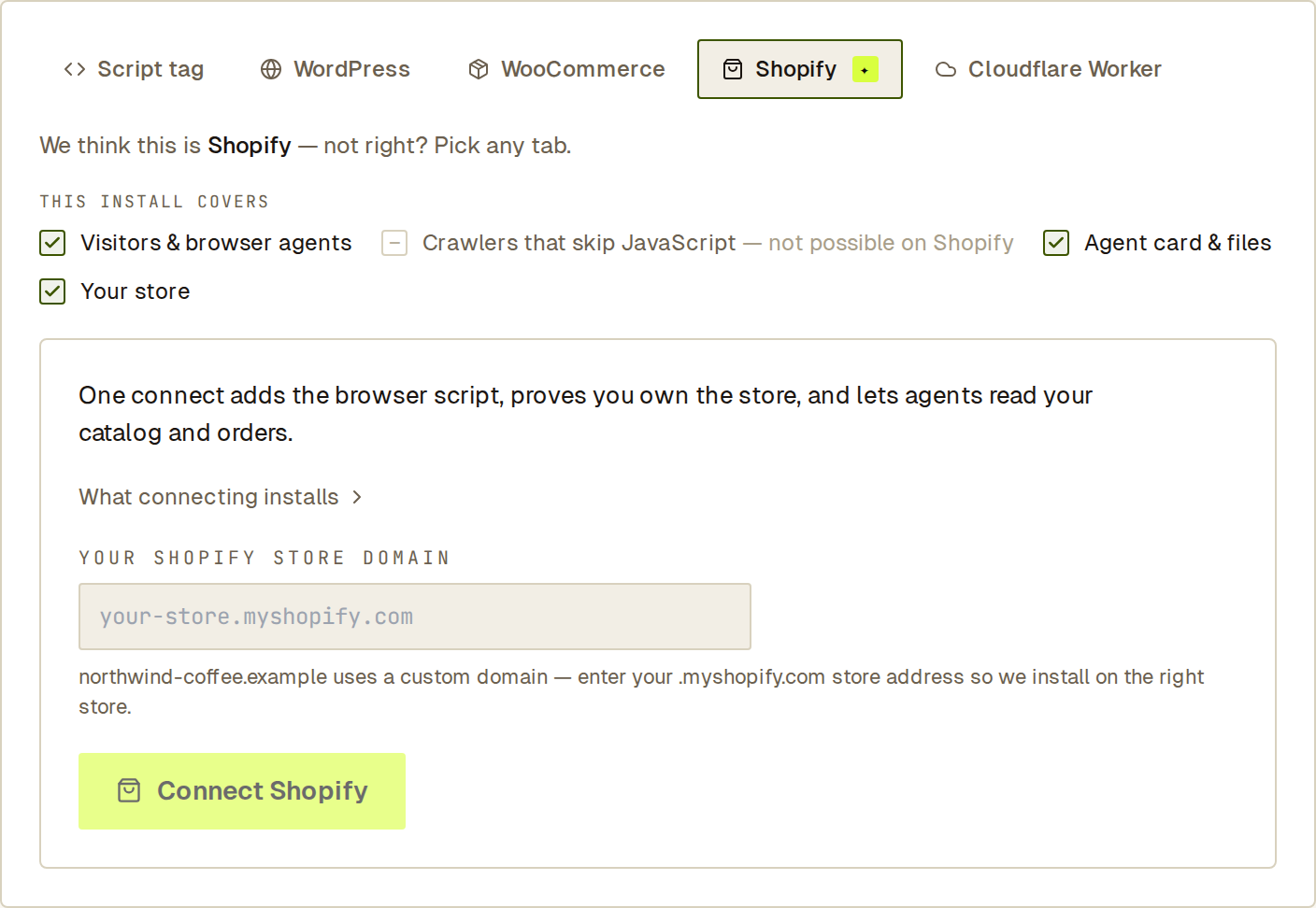 Shopify install tab: covers visitors, agent card and files, and your store; crawlers not possible; Connect Shopify button