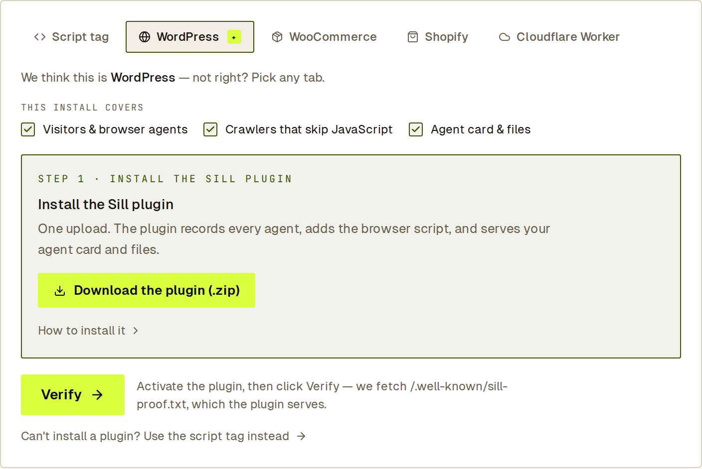 WordPress install tab: covers visitors, crawlers and agent card & files, with a Download the plugin (.zip) button