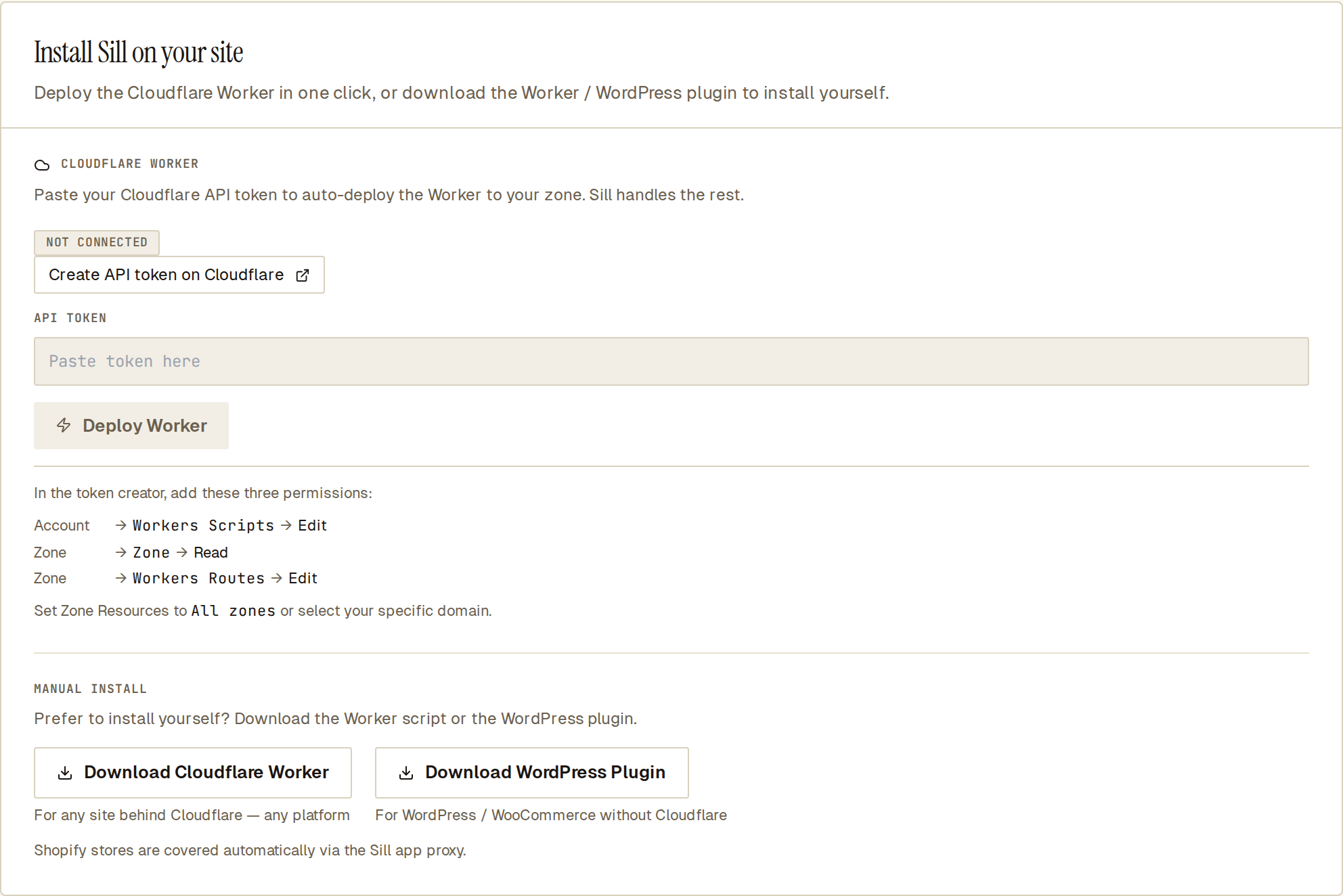 Settings Install panel with the Cloudflare API token field, Deploy Worker button and the three required permissions