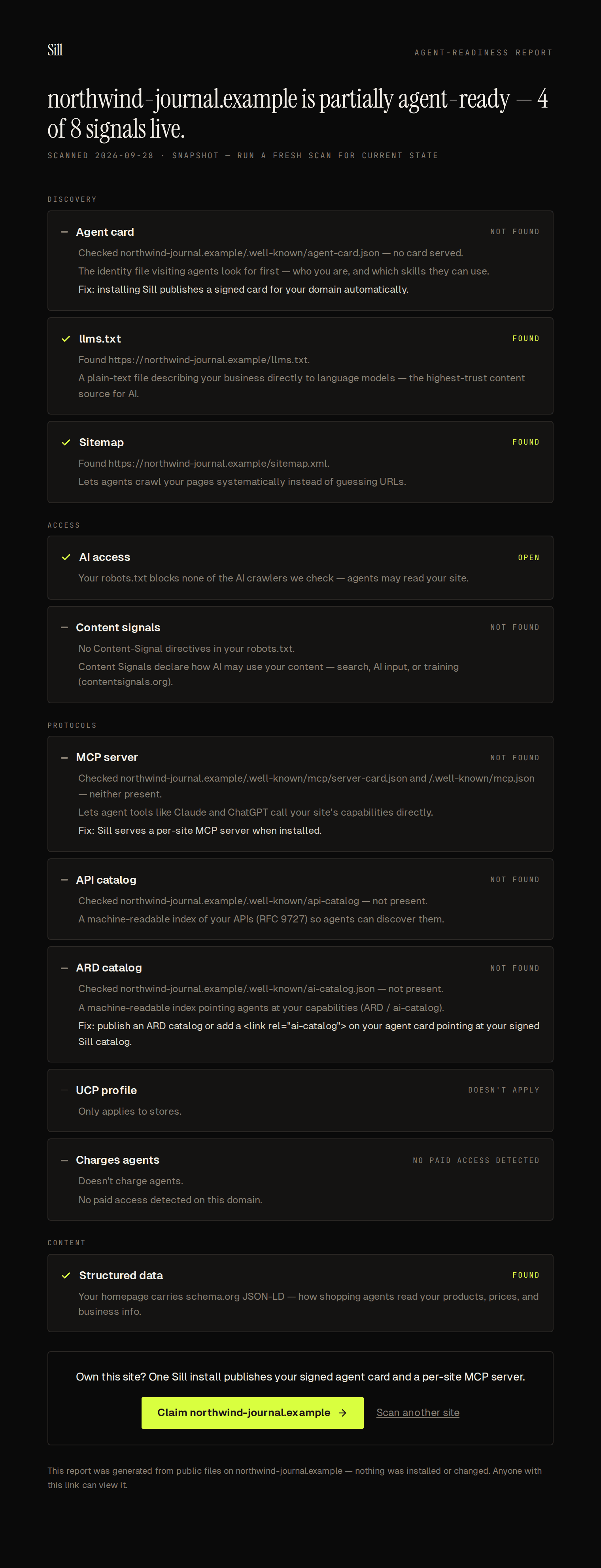 Shared report: a dated snapshot of a site's signals, including ARD catalog and UCP profile, with a button to claim it