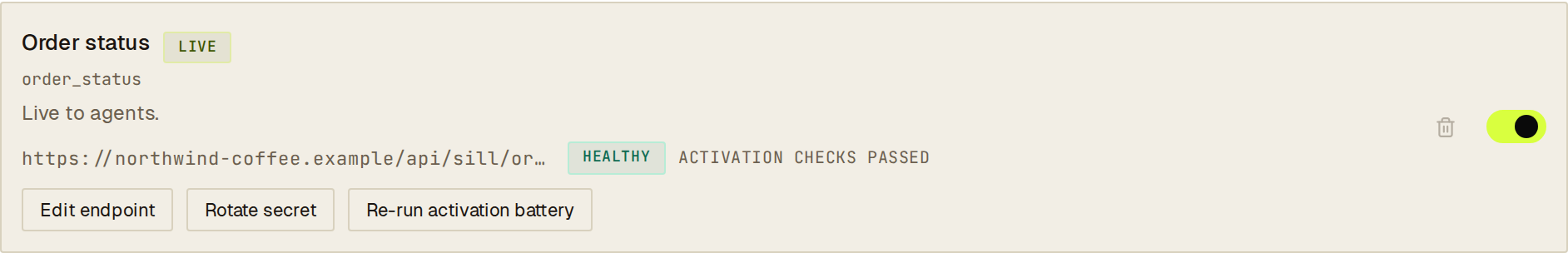 Order status skill in Settings → Skills routed to the store's own endpoint, showing HEALTHY and ACTIVATION CHECKS PASSED