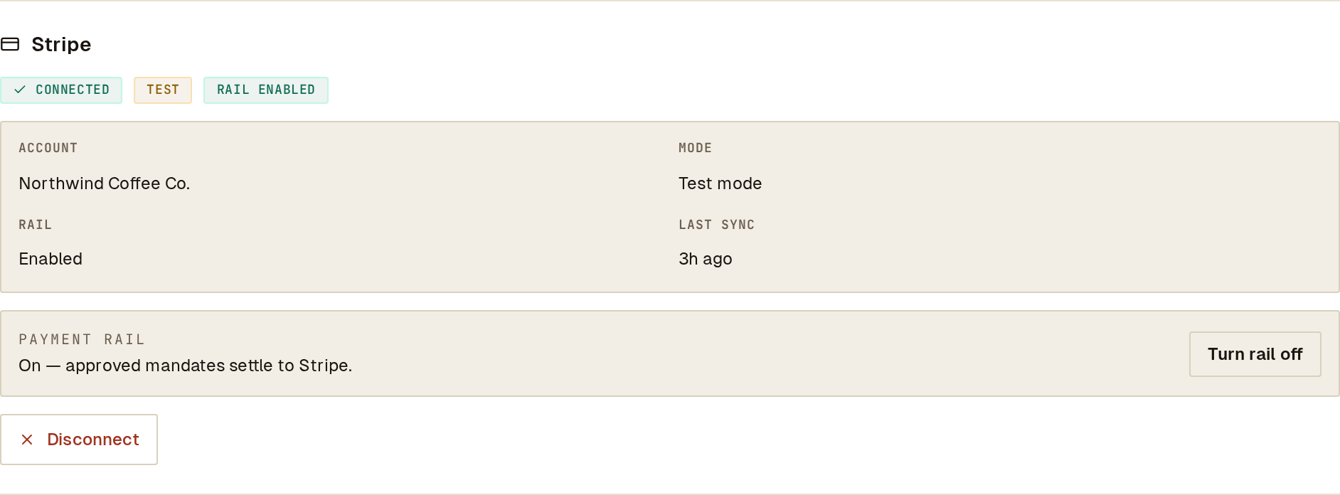 Stripe card in Settings, Integrations: CONNECTED, TEST and RAIL ENABLED, with a Turn rail off switch under Payment rail