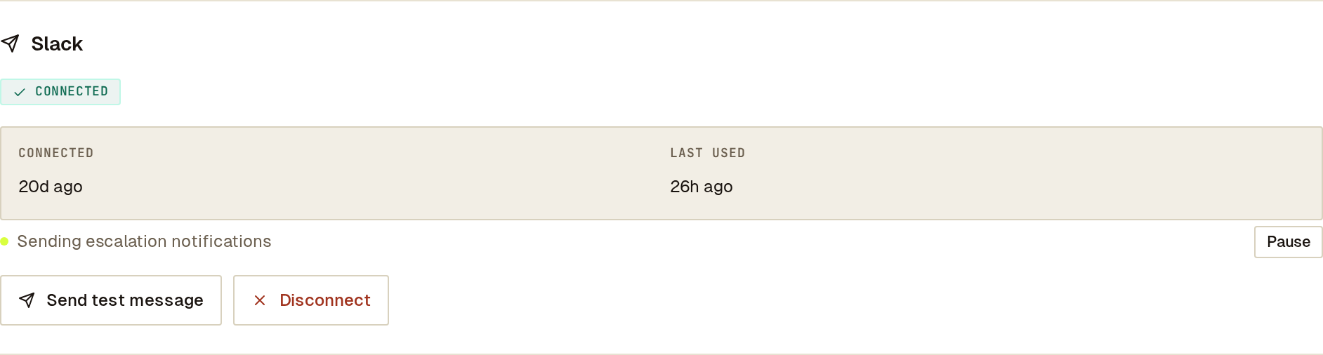 Slack card for a site, connected and sending escalation notifications, with Send test message, Pause and Disconnect