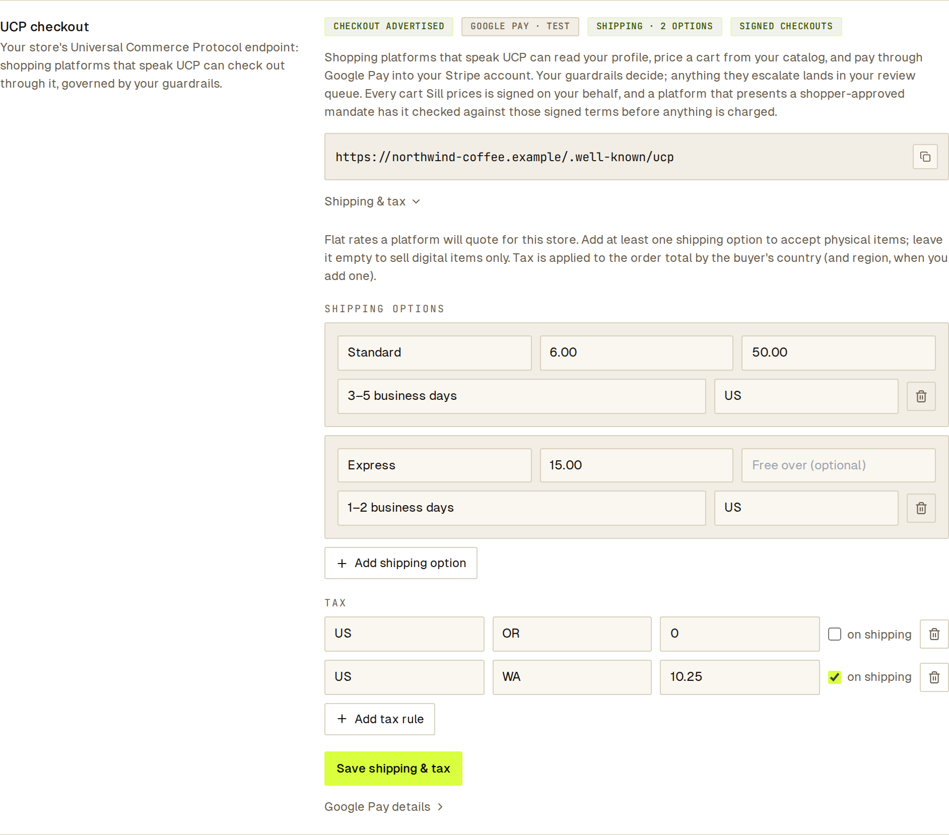 UCP checkout row, CHECKOUT ADVERTISED, with Standard and Express shipping options and US tax rules for OR and WA
