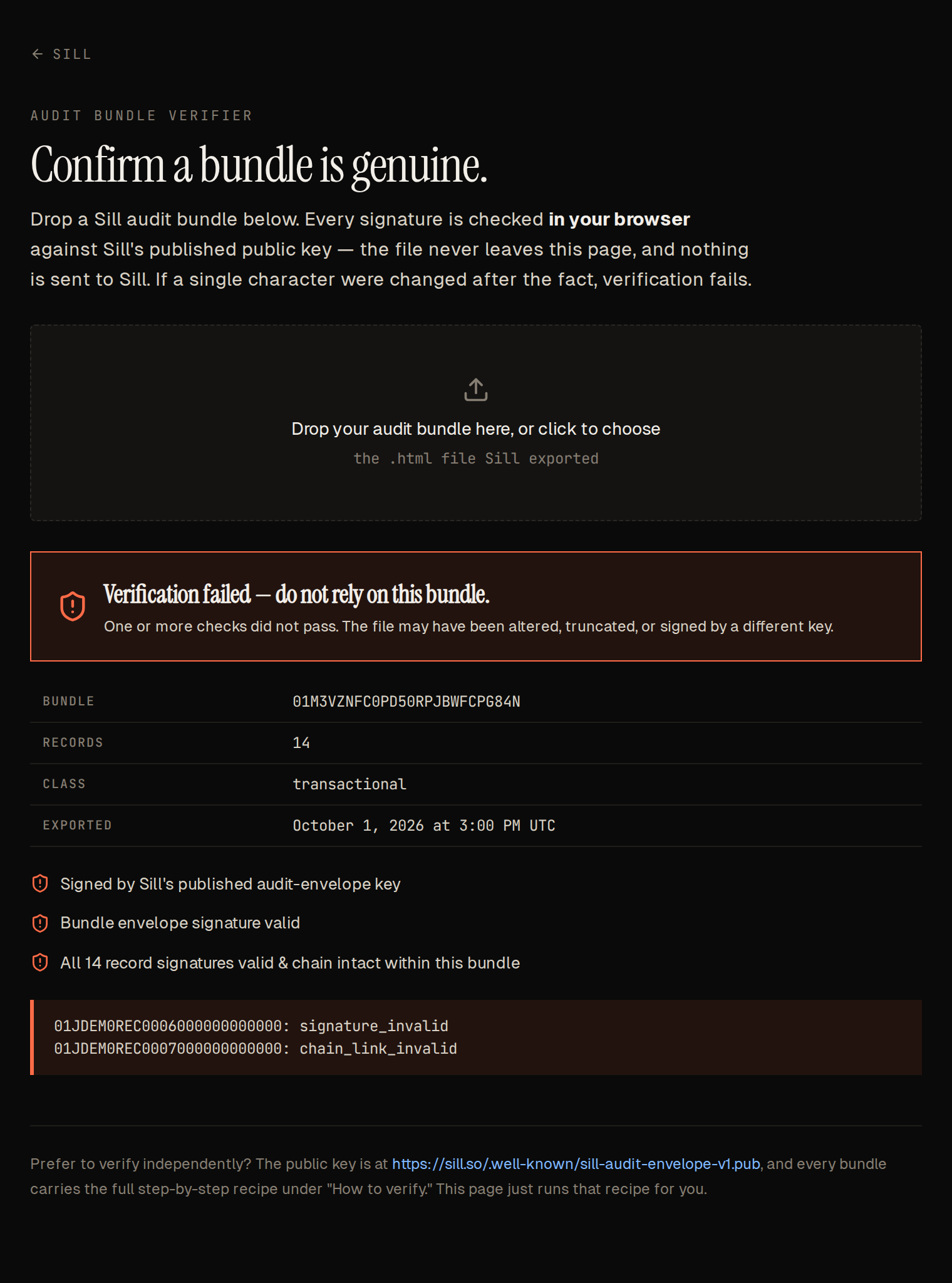 Failed verification of an edited bundle: record 6 shows signature_invalid and record 7 shows chain_link_invalid